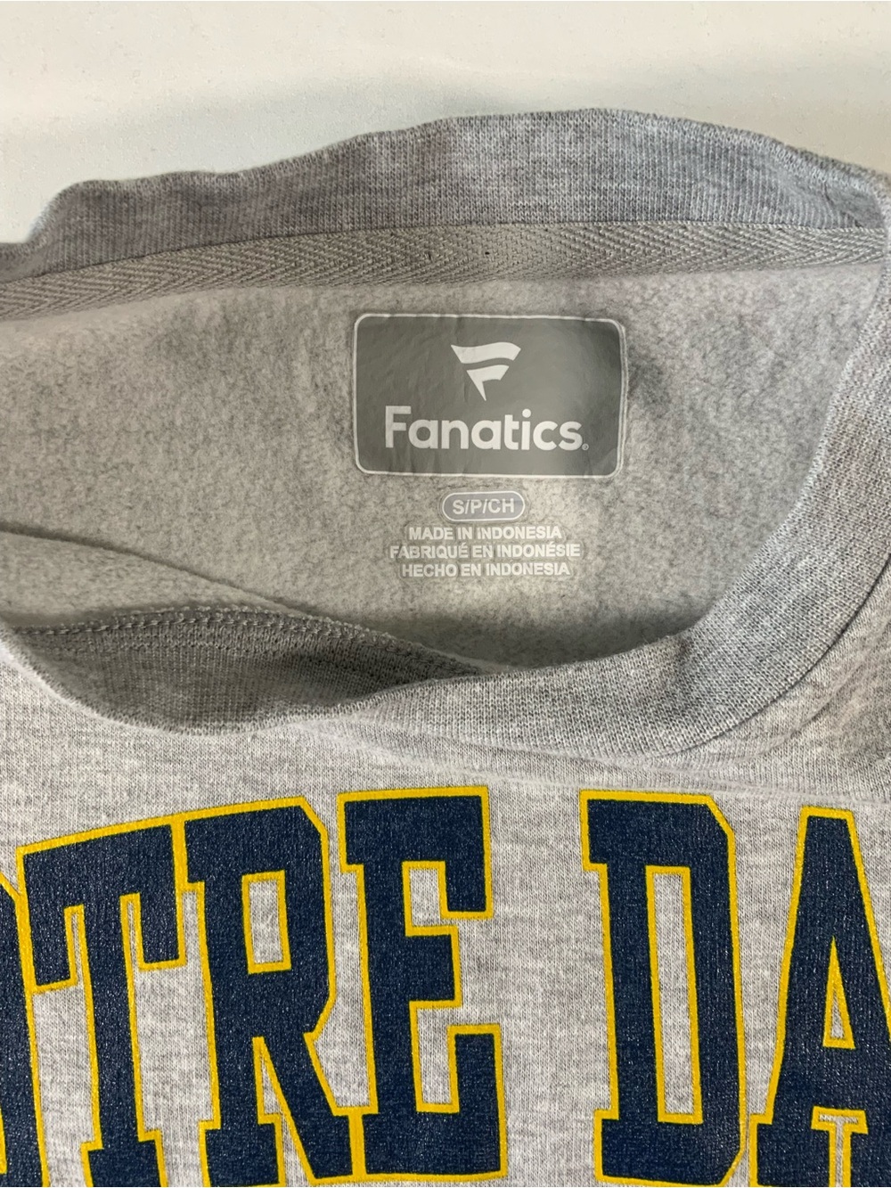 Fanatics Gray Crewneck with Navy and Yellow Notre Dame Lettering
